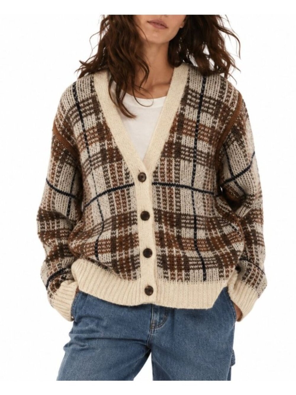 THE GREAT Estate Reversible Cardigan Superfine Alpaca Walnut Plaid Sweater